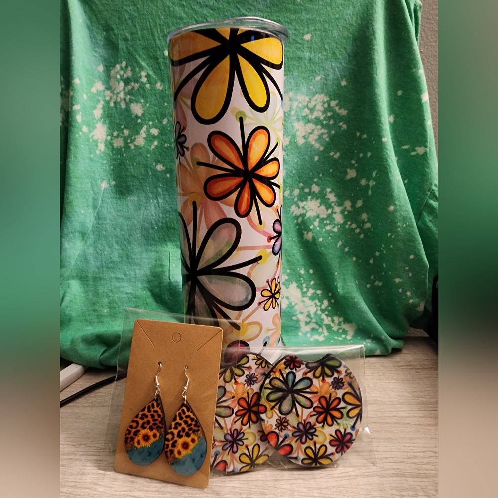 Doodle Flower 20oz Tumbler Sunflower Earrings Coasters Bundle